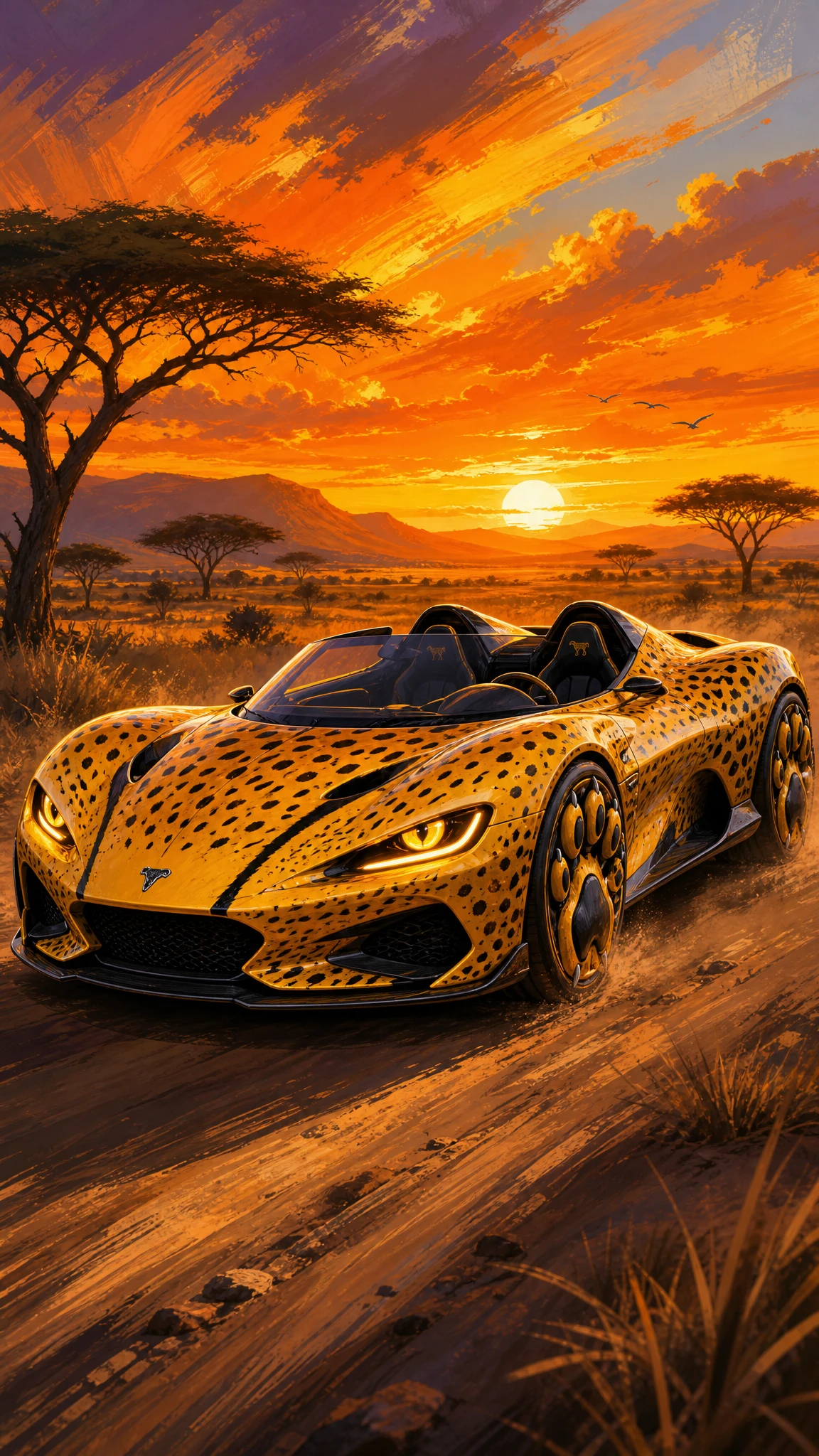 Cheetah Inspired Yellow Sports Car In African Savanna
