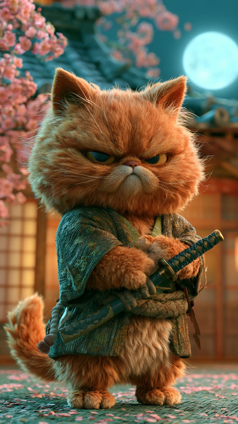 Gato samurai laranja feroz sob uma lua cheia brilhante