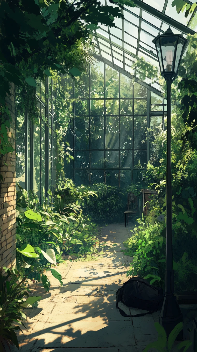 Anime greenhouse interior with exotic plants and pathway