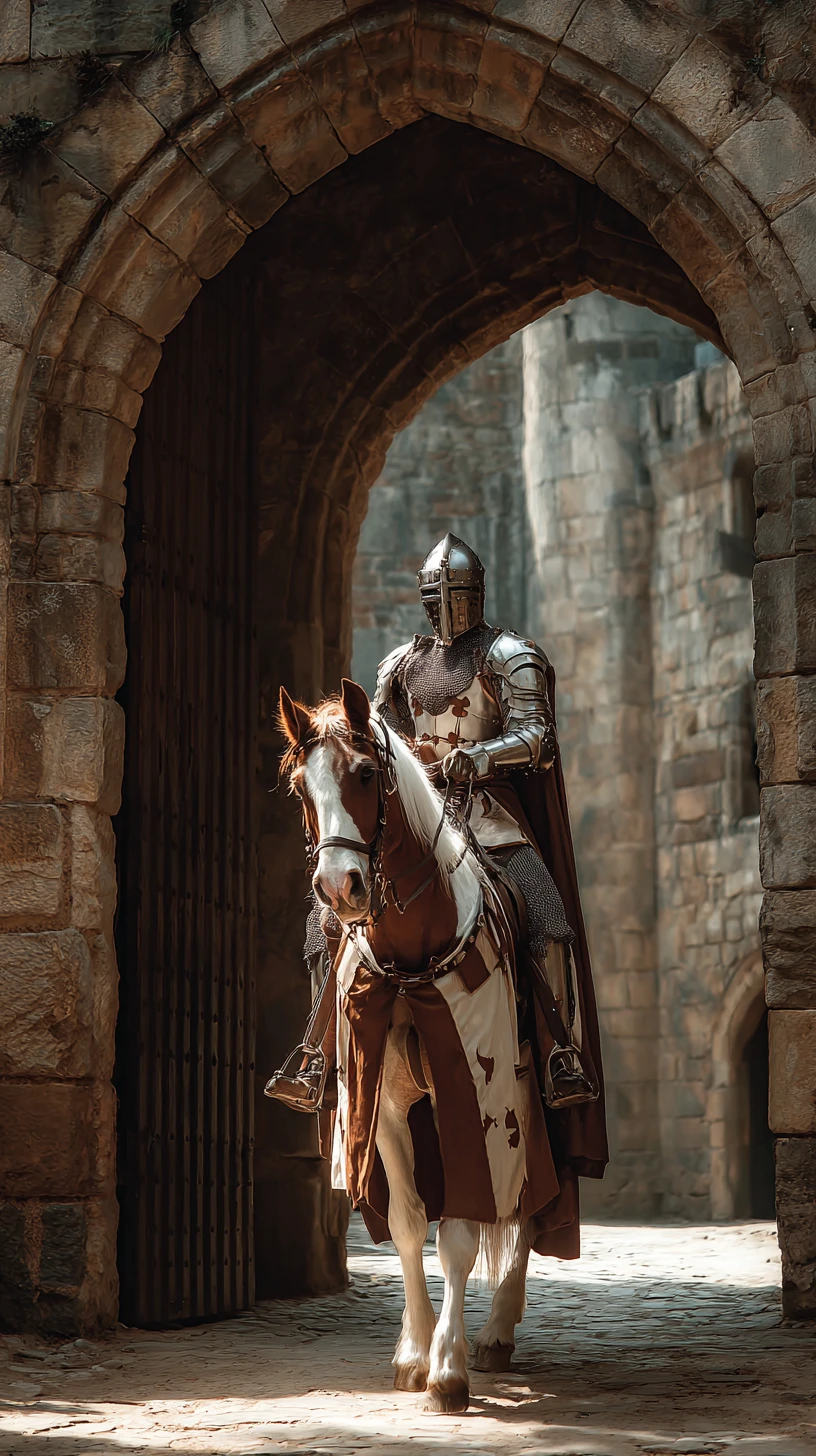 Cavaleiro medieval cavalgando um cavalo através do portão de um castelo
