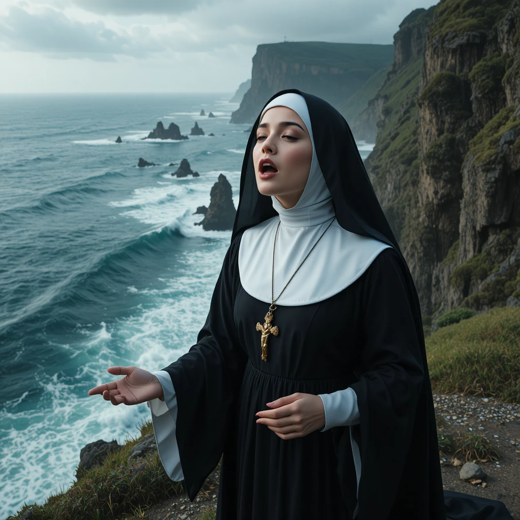 Freira tradicional cantando em um penhasco sobre um oceano revolto