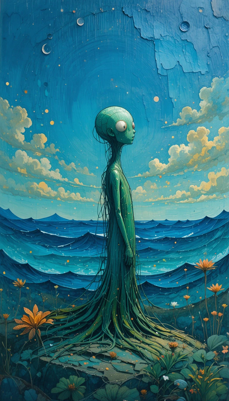 Silhueta verde diante de um horizonte em chamas sobre o oceano azul