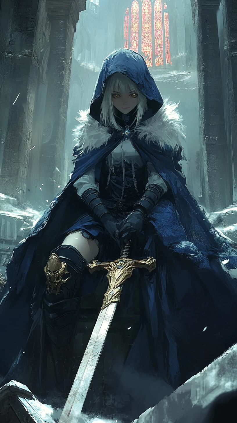 Hooded anime girl with scar and scythe in ancient ruins