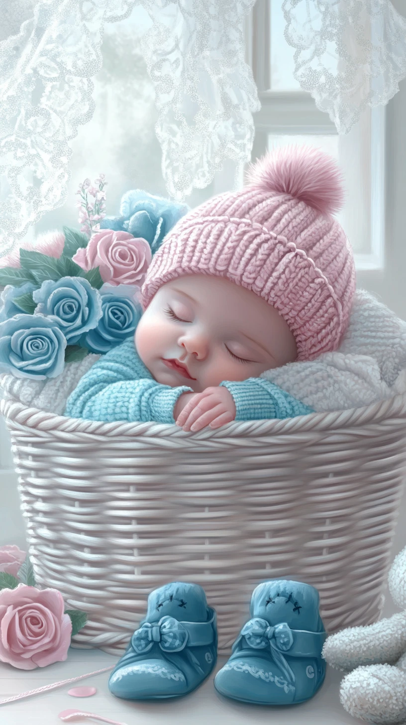 Nouveau-né dormant dans un panier en osier avec des roses et des jouets