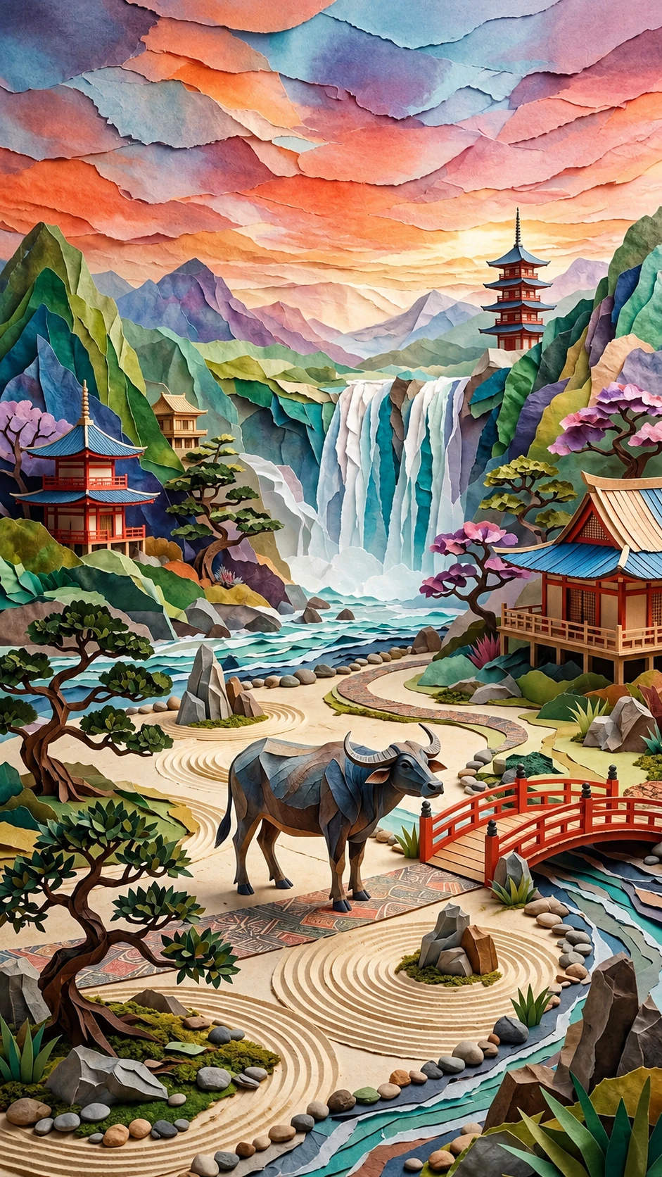 Búfalo de agua de papel en un paisaje surrealista de jardín zen