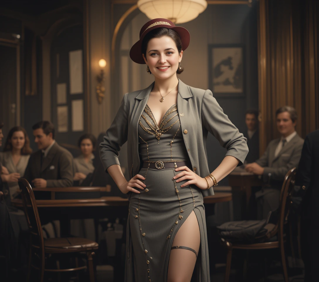 Cantante glamour che posa sul palco vintage di un club ufficiali