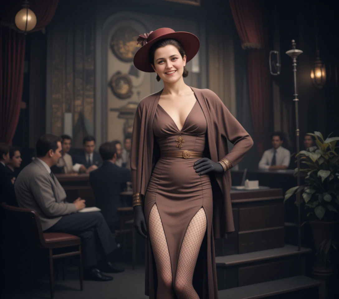 Chanteuse glamour posant en tenue de nightclub vintage des années 1940