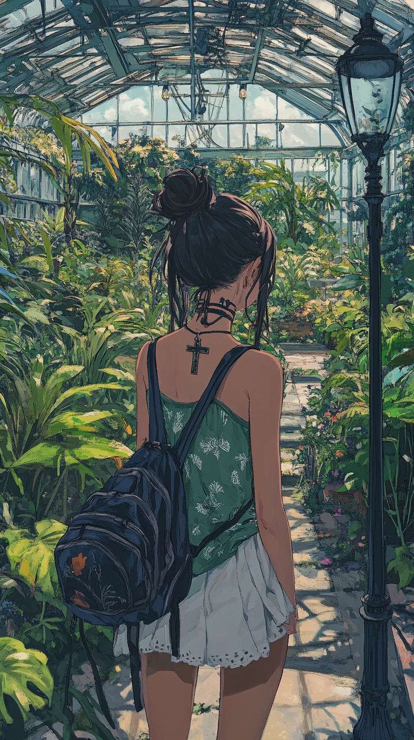 Chica de anime en un exuberante sendero de invernadero interior