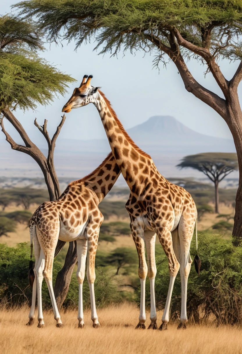 Two giraffes feeding on an acacia tree in the savanna