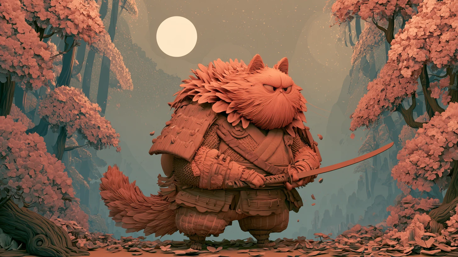 Gato Samurai Feroz sob uma Lua de Cerejeiras dos Sonhos
