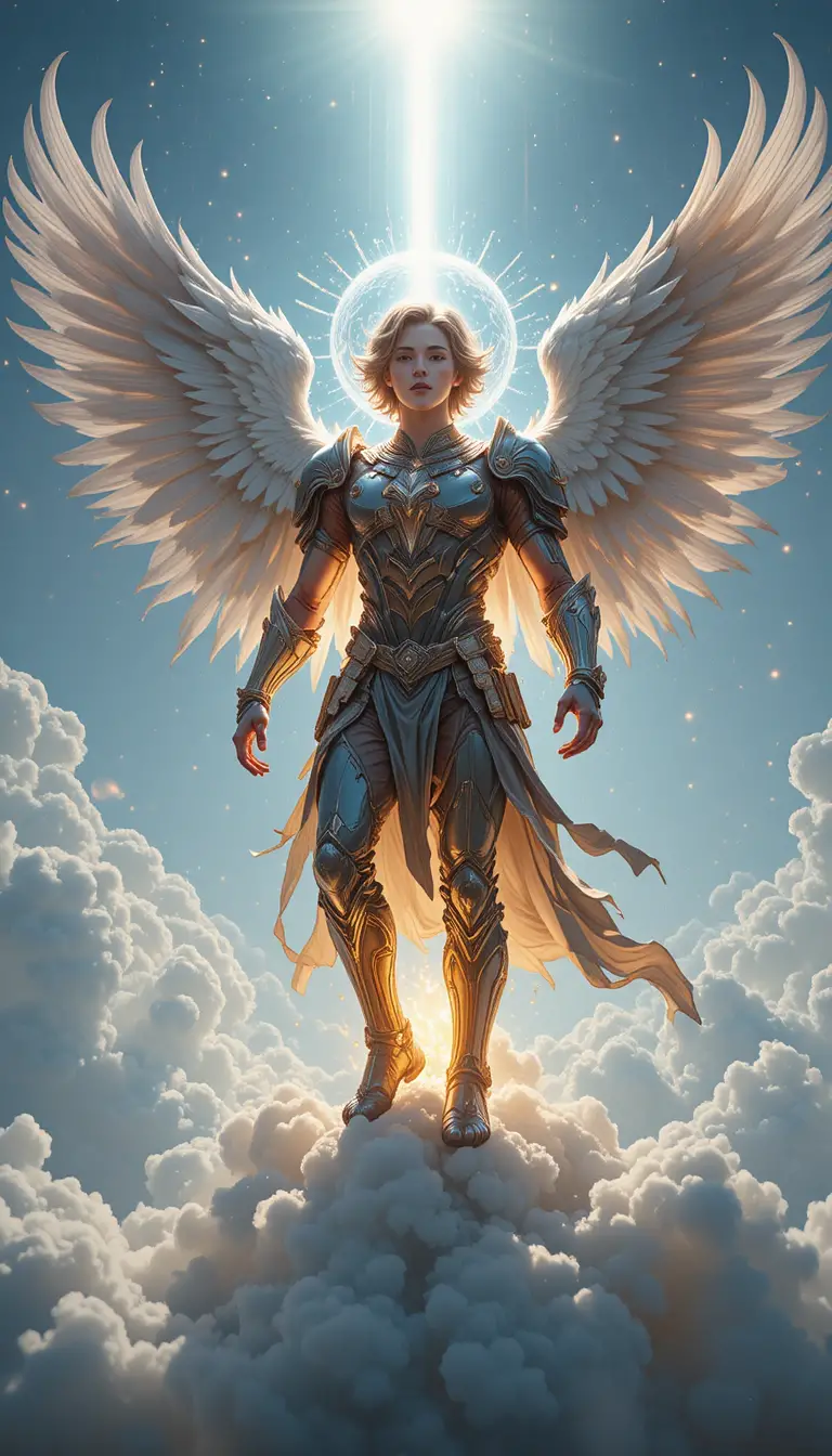 Flaming armored angel standing on a glowing cloud