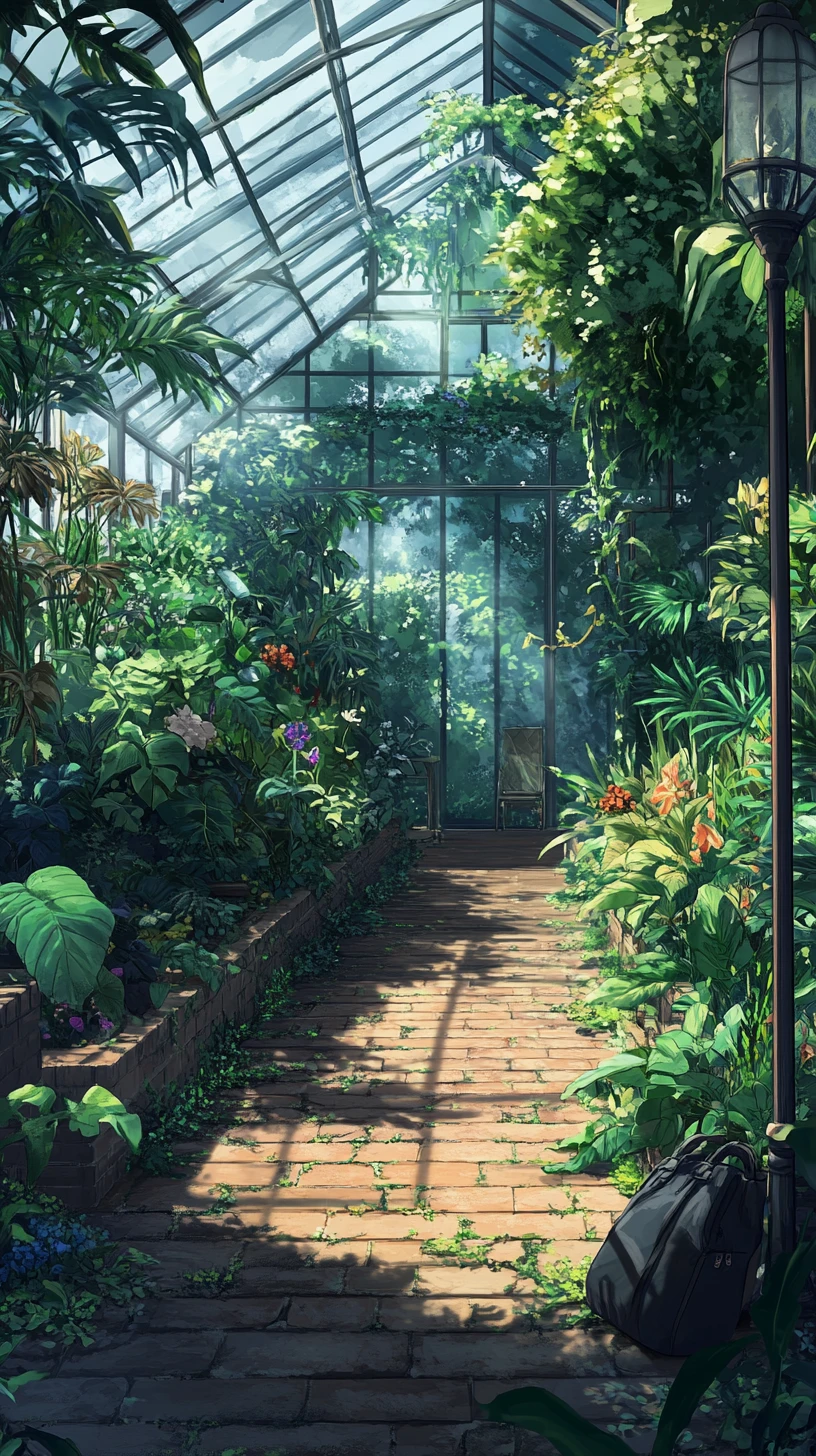 Invernadero de anime lleno de plantas exóticas y sendero de concreto