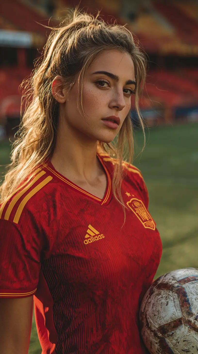 Spanische Nationalspielerin mit Fußball im Stadion