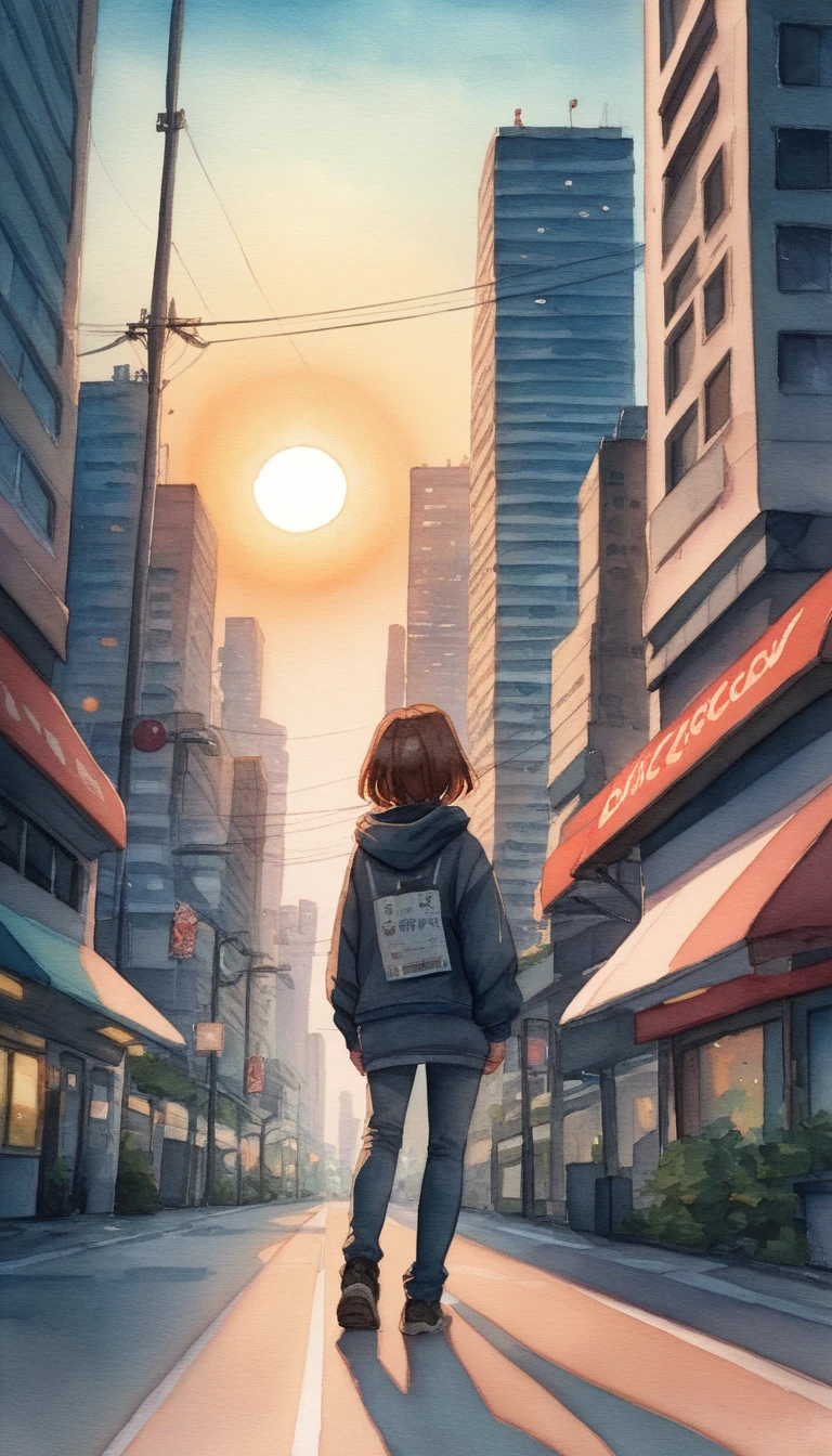 Mulher de anime observando um cenário urbano em aquarela iluminado pelo sol
