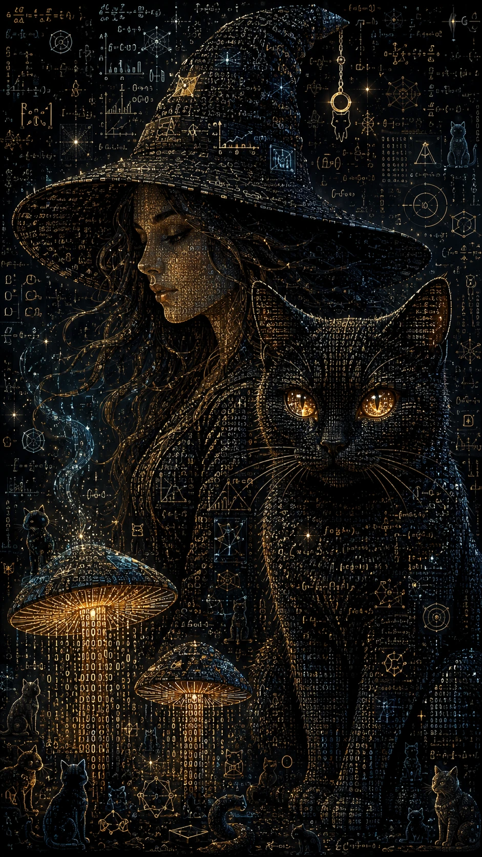 Gato preto de olhos brilhantes ao lado de uma bruxa encantadora