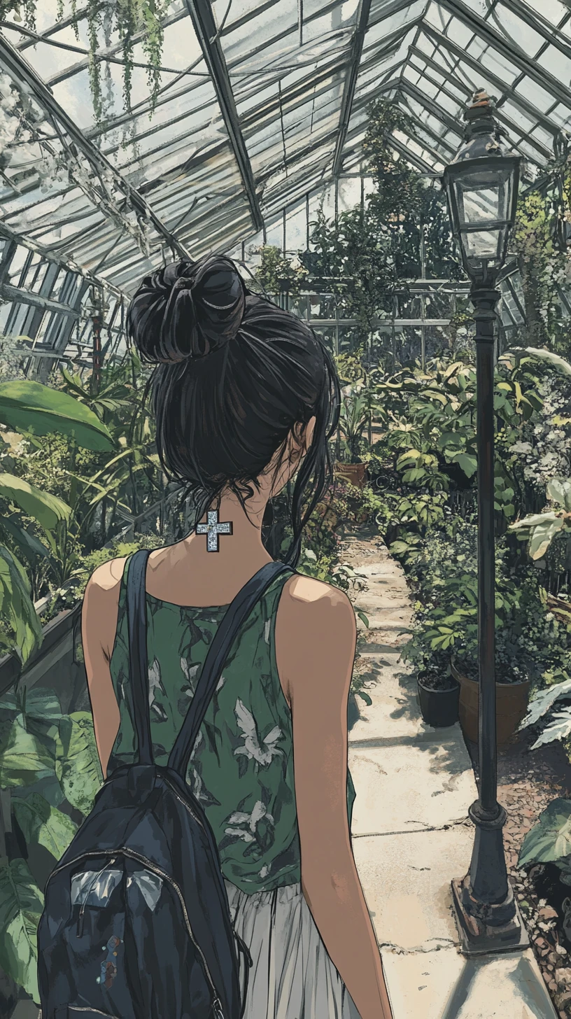 Chica de anime en un invernadero frondoso con plantas exóticas