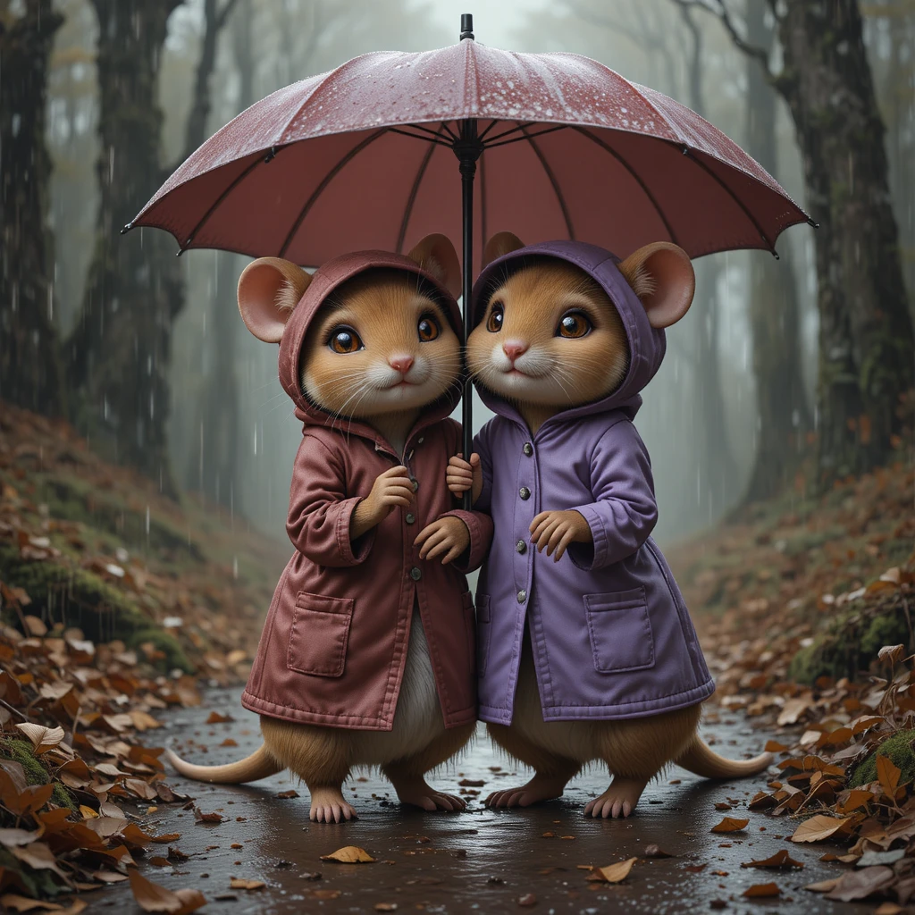 Dois ratinhos sob um grande guarda-chuva em uma trilha de floresta chuvosa