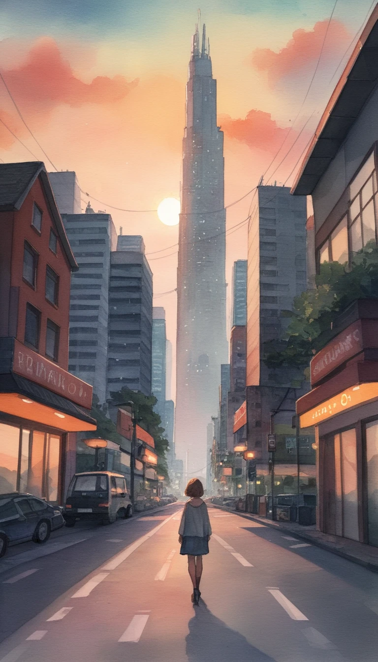 Mulher em estilo anime observando um cenário urbano banhado pelo sol