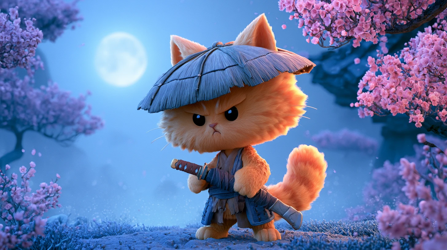Gato samurai laranja feroz sob um céu de luar dos sonhos