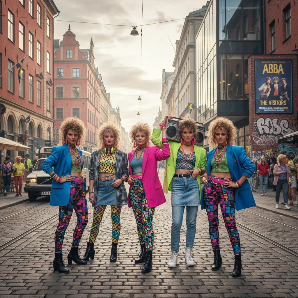 Jeunes femmes en mode des années 1980 dans une rue d’une ville suédoise
