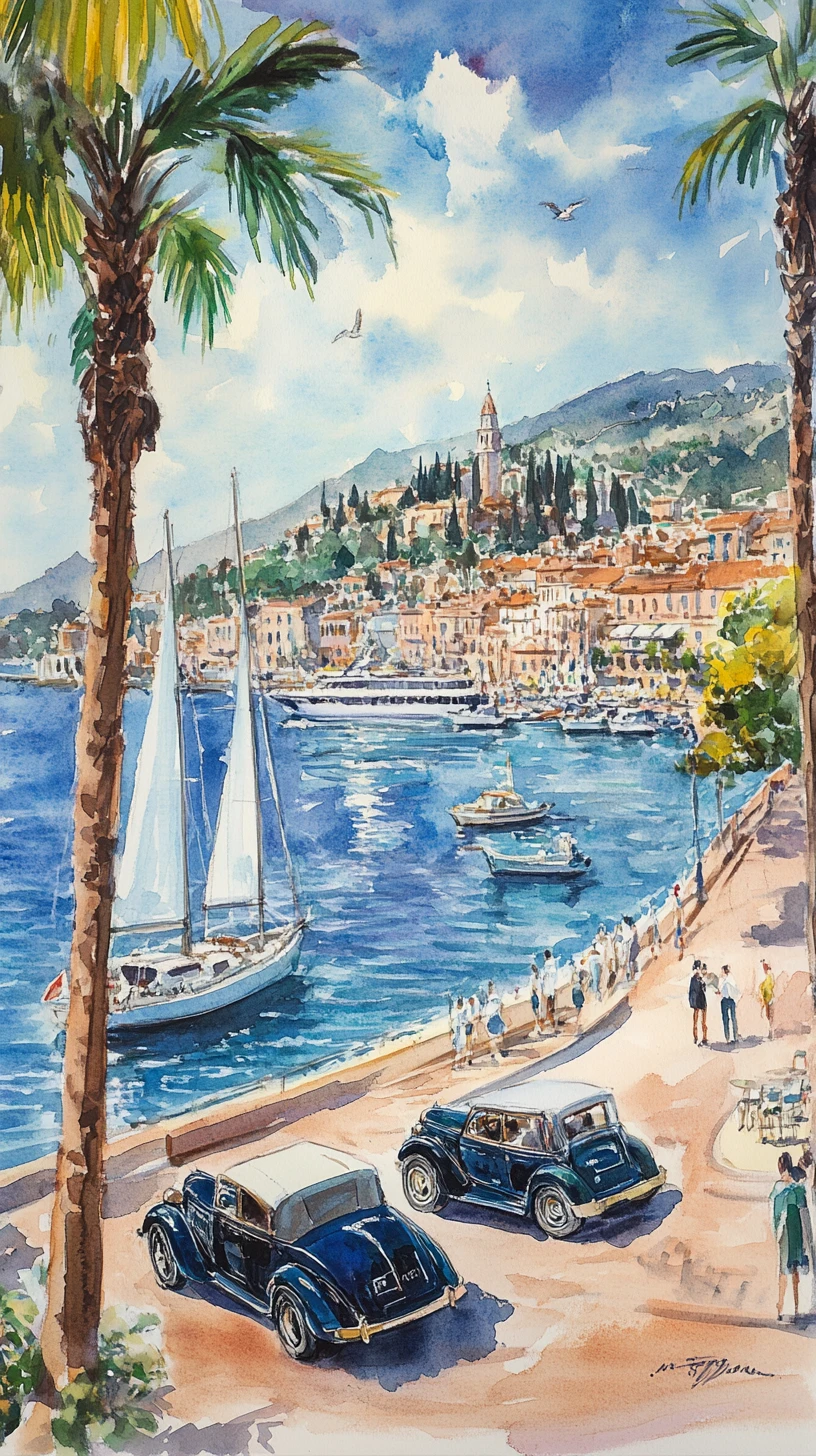 Sonniger Mittelmeerhafen mit Oldtimer und Yachten