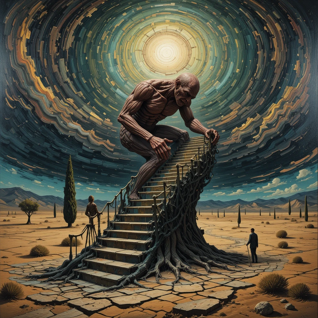 Gigante atormentado escalando uma escada em espiral derretida