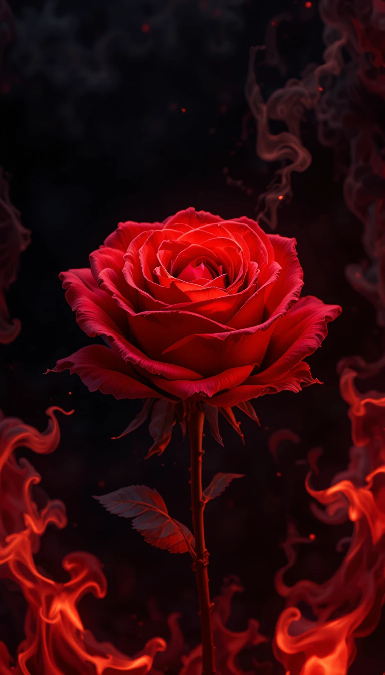 Rose rouge lumineuse entourée de flammes rouges réalistes