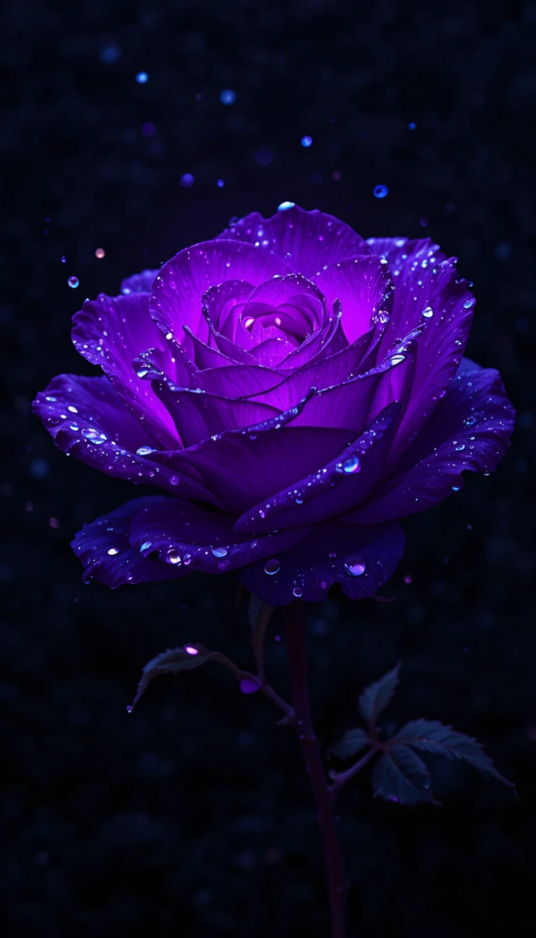 Rose violette lumineuse avec gouttes d’eau sur fond noir