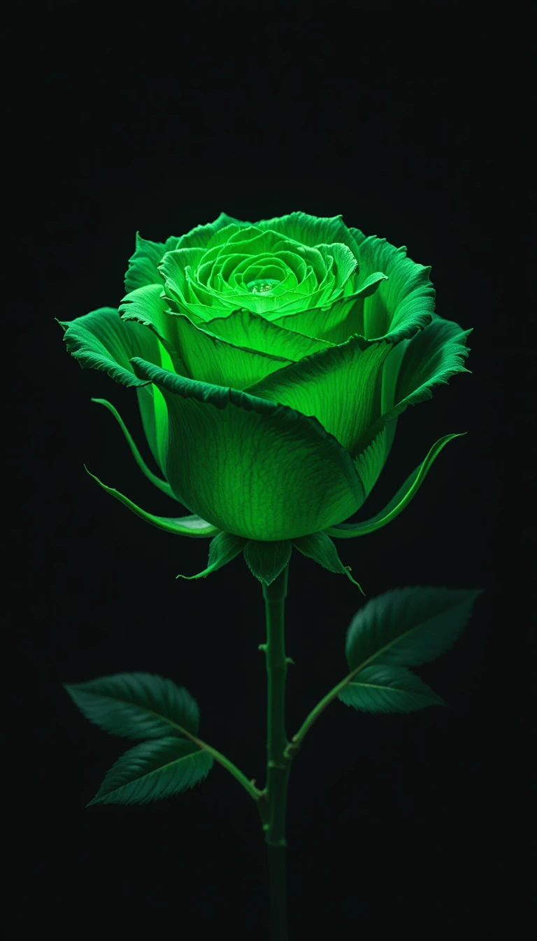 Rosa verde luminosa su sfondo nero profondo