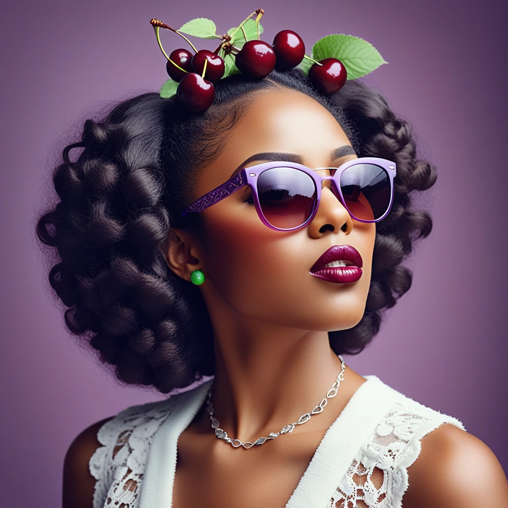 Retrato surreal de uma mulher negra com óculos de sol de cereja