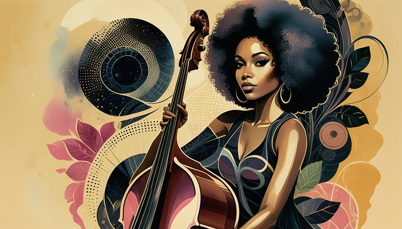 Mulher com afro rosa tocando contrabaixo em um jardim de jazz