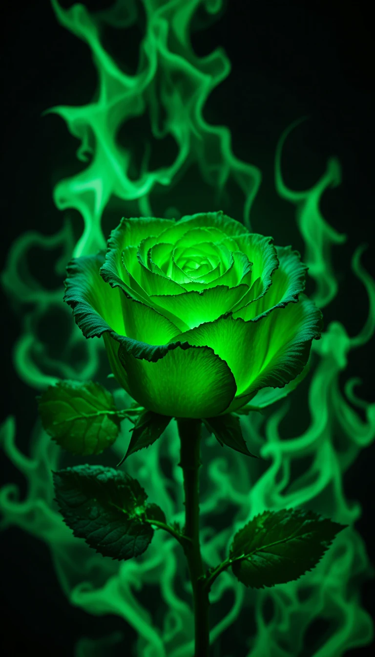 Rose verte lumineuse entourée de flammes vertes réalistes