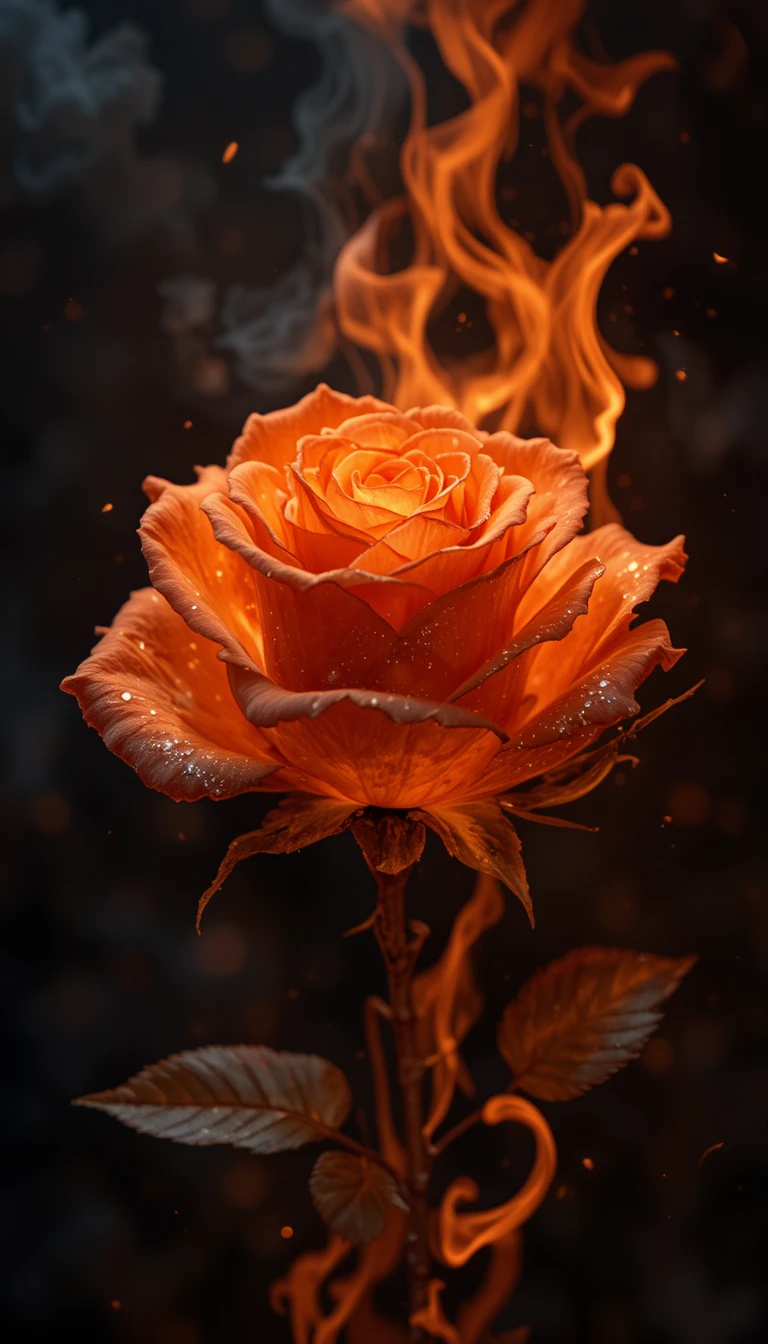 Rosa laranja brilhante cercada por chamas realistas em fundo preto