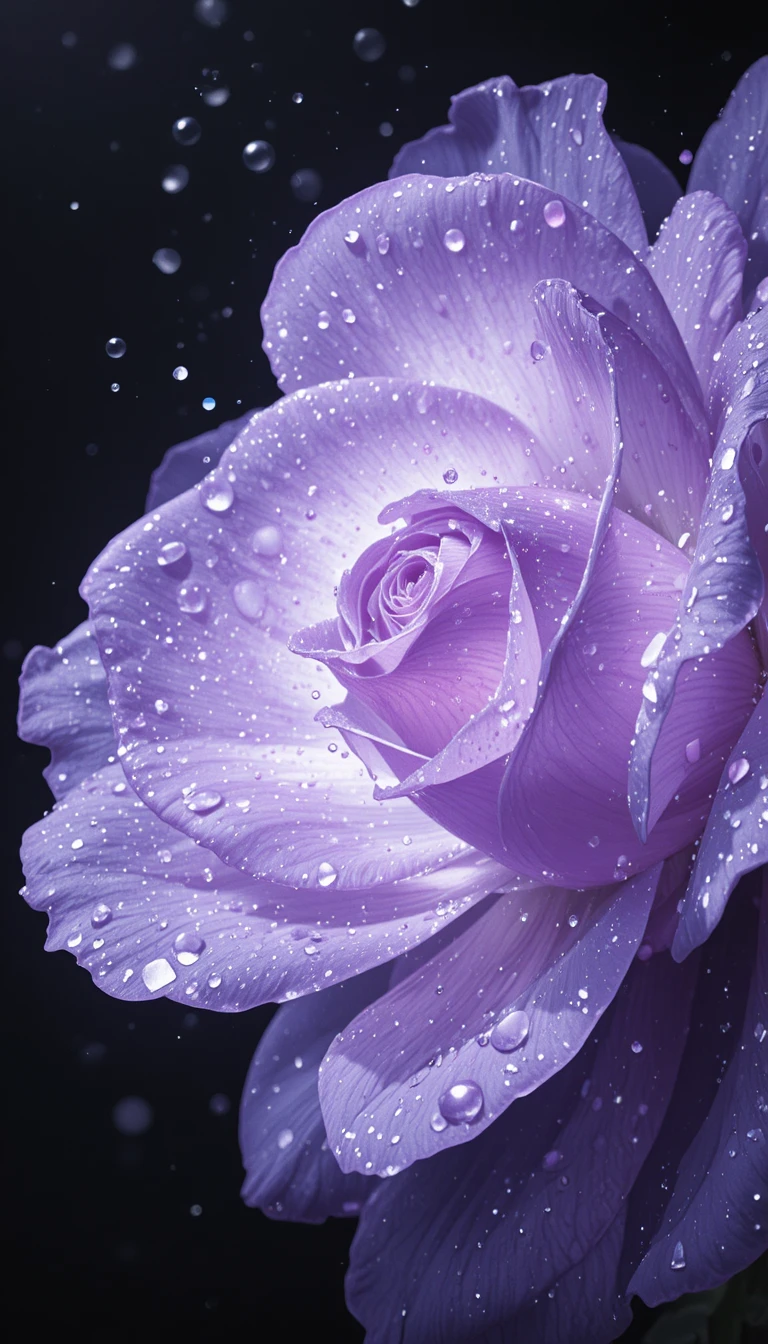 Leuchtende violette Rose mit Tau vor schwarzem Hintergrund