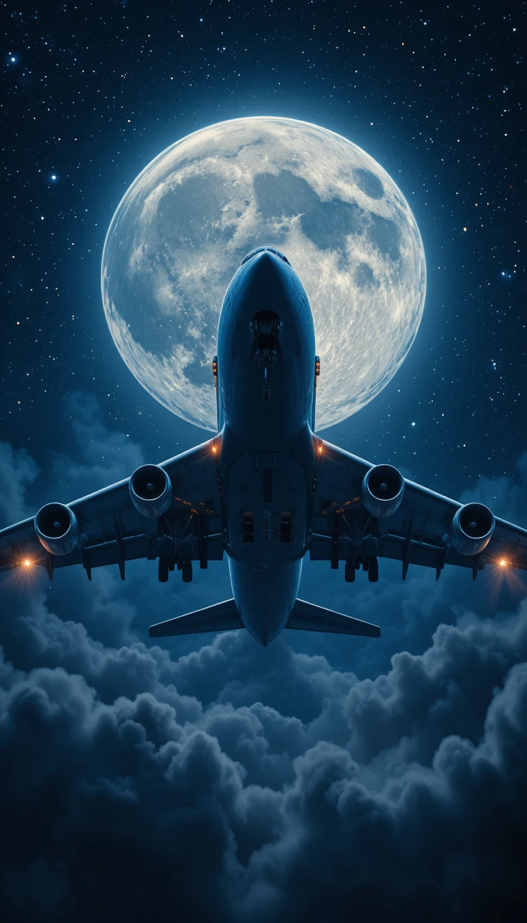 Riesiger Frachtjet fliegt mit Vollmond direkt auf die Kamera zu