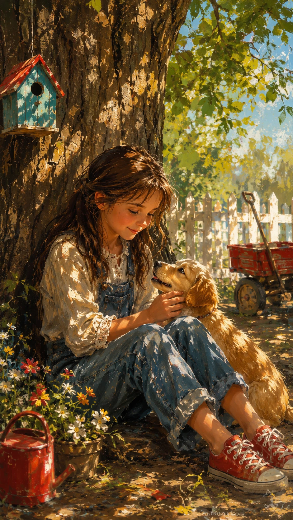 Girl With Puppy Under A Sunlit Forest Tree