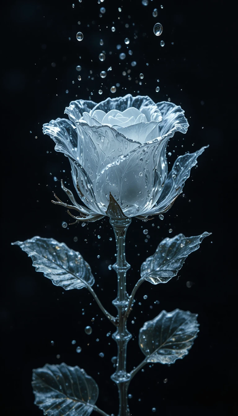黑色背景上落水中的透明玻璃玫瑰