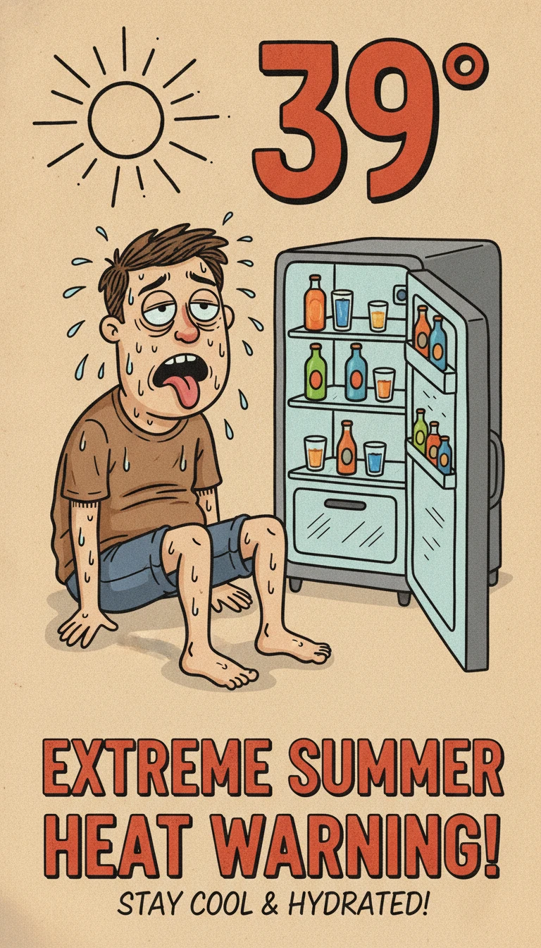 Hombre de dibujos animados agotado por el calor del verano junto a un refrigerador abierto