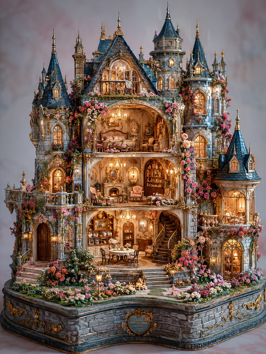 Casinha de bonecas em castelo de pedra fantasia com flores exuberantes