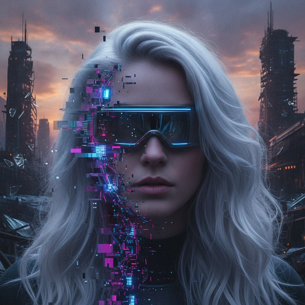 Cyberpunk woman with glitch visor and glowing circuits