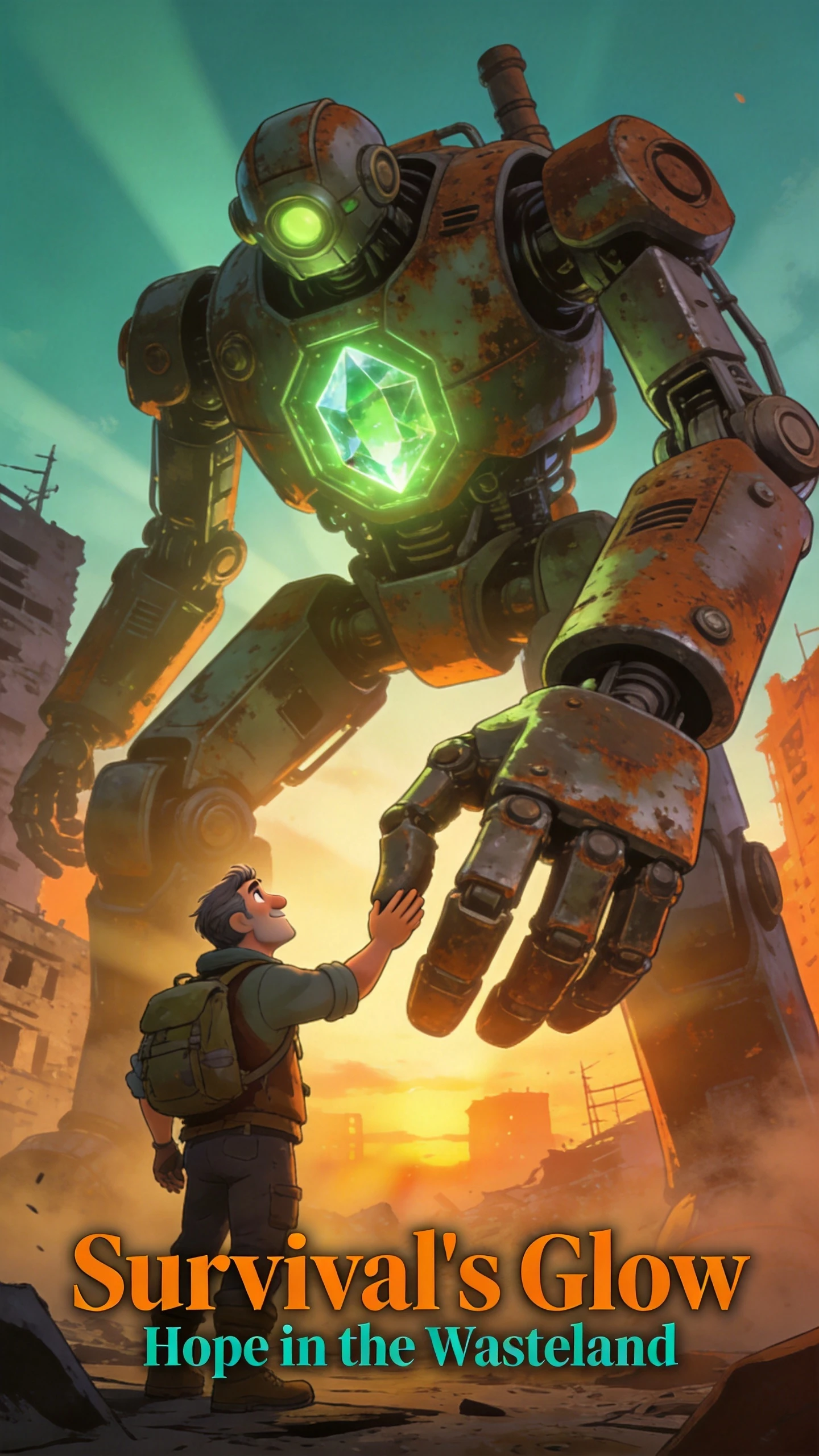 Man reaching out to a giant rusted robot at sunset