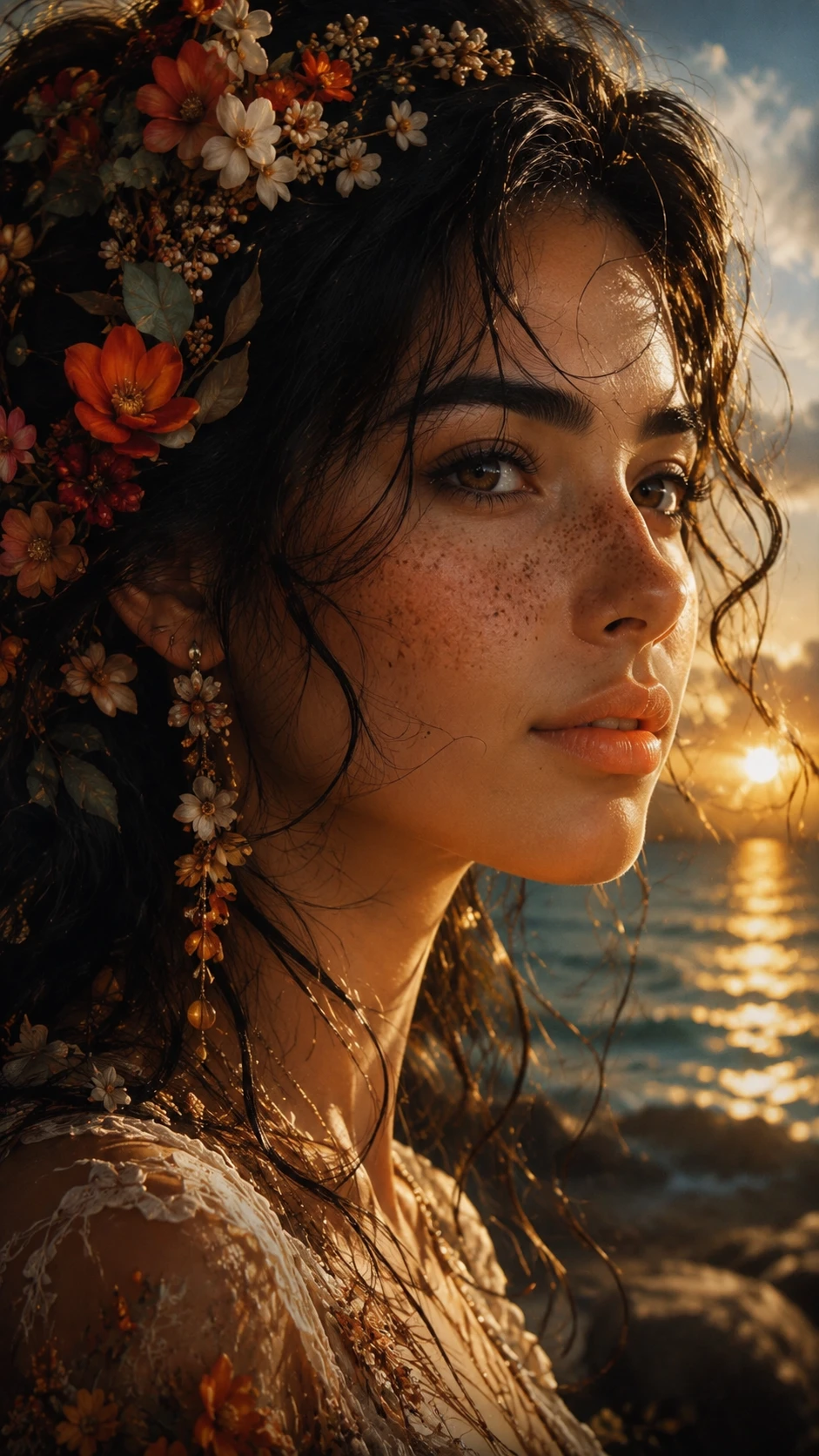 Retrato surreal de perfil de uma mulher sardenta com flores