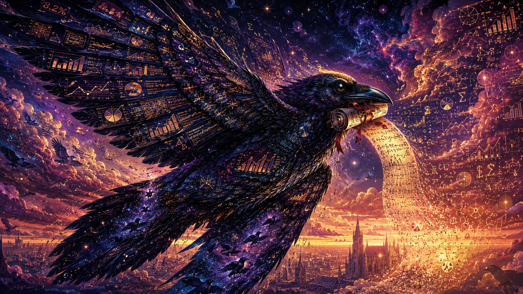 Corvo gigante de dados voando por um céu crepuscular surreal