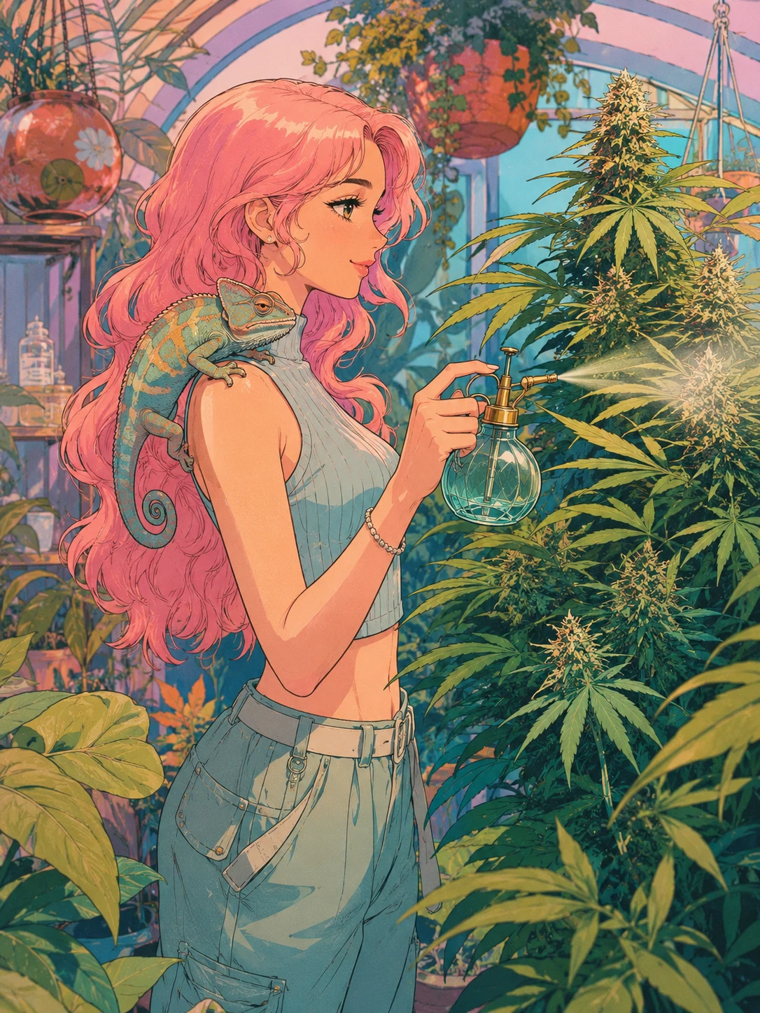 Mulher de anime borrifando cannabis em uma estufa exuberante