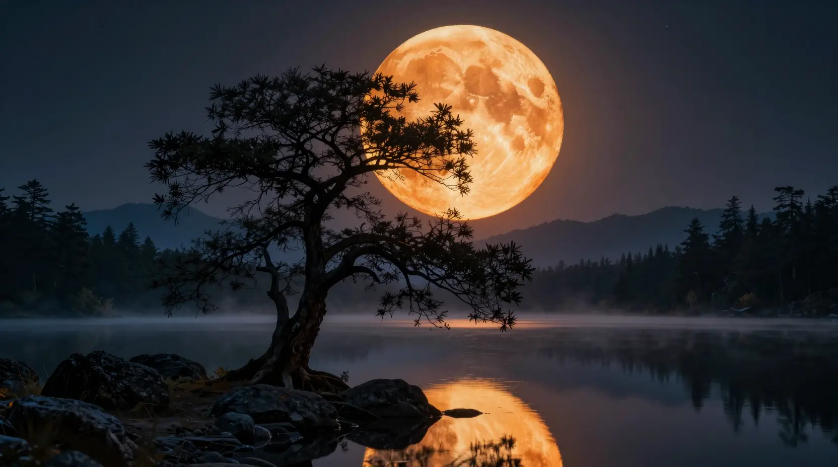 Cinematic night lake with supermoon and silhouetted tree