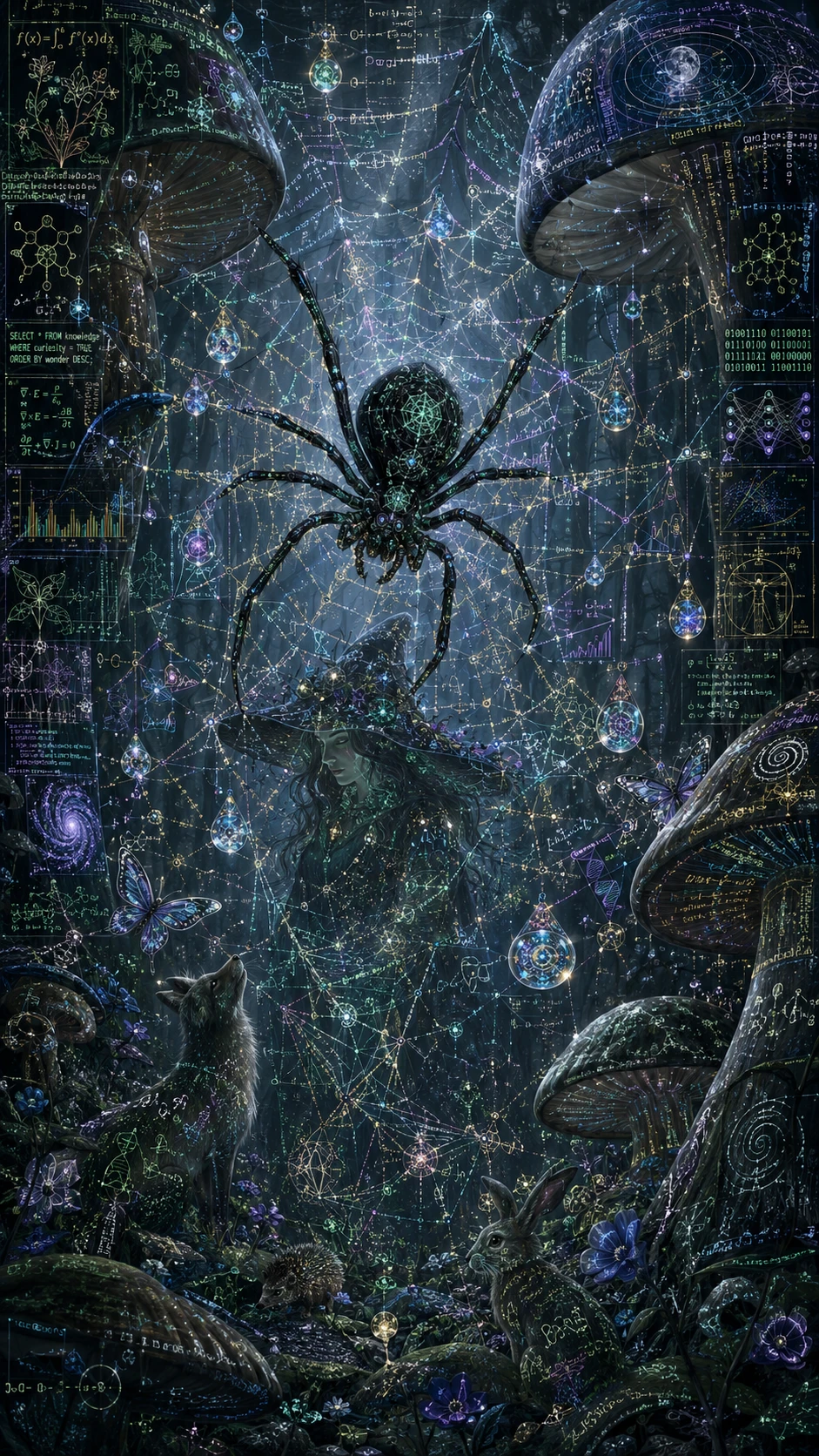 Telaraña de datos luminosos entre hongos gigantes