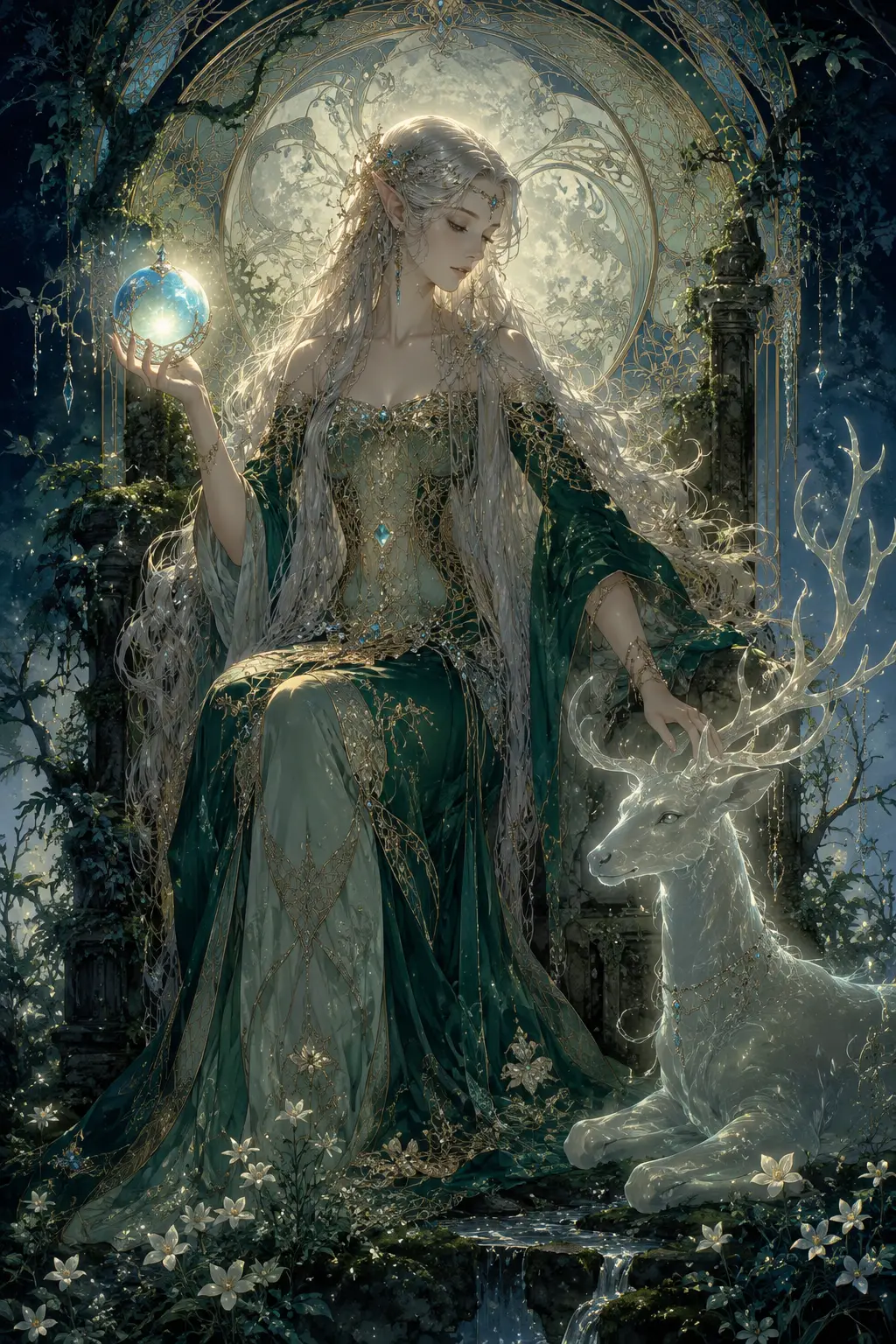 月光森林中苔蘚石王座上的精靈女巫