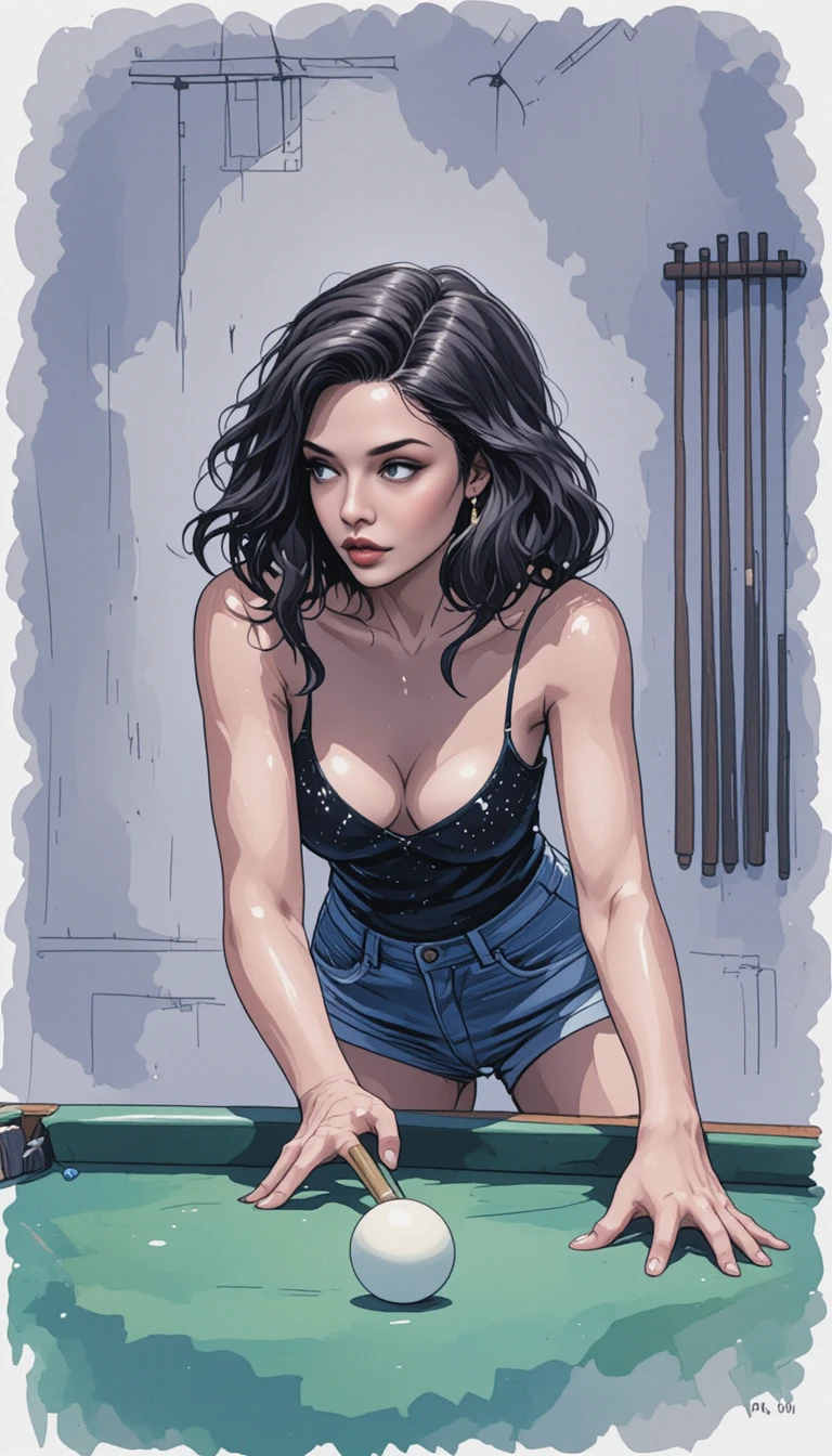 Woman taking a focused pool shot in watercolor style