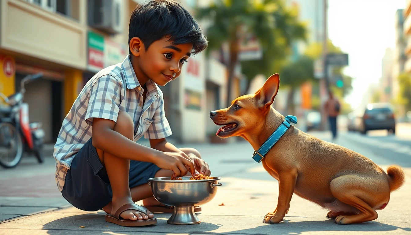 Menino alimentando um cachorrinho em uma calçada ensolarada