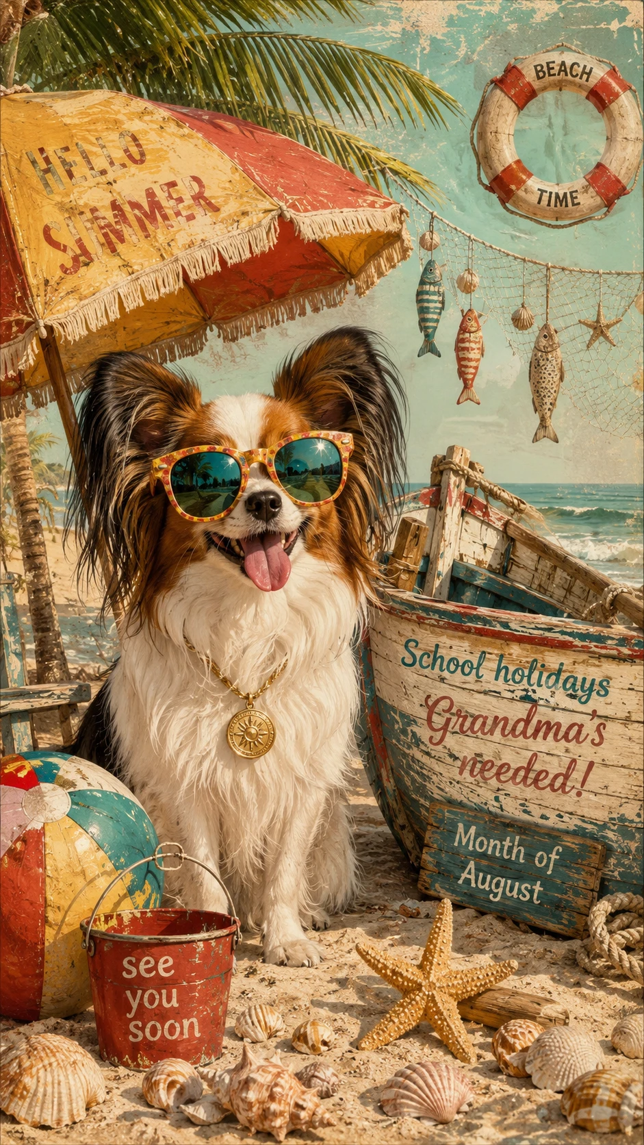 Cachorrinho de praia com óculos de sol retrô sob o guarda-sol